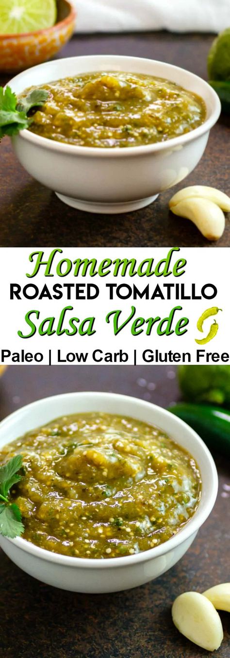 Roasted Tomatillo Salsa Verde, Tomatillo Avocado Salsa, Avocado Salsa Verde, Tomatillo Recipes, Roasted Tomatillo Salsa, Peace Love And Low Carb, Homemade Salsa Verde, Salsa Verde Recipe, Roasted Tomatillo