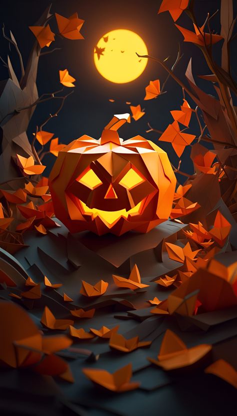 An origami jack - o - lantern created by AI Origami Scene, Origami Halloween, Unique Origami, Halloween Origami, Halloween Wallpapers, Mini Pony, Halloween Spirit, Halloween Wallpaper, Hallows Eve