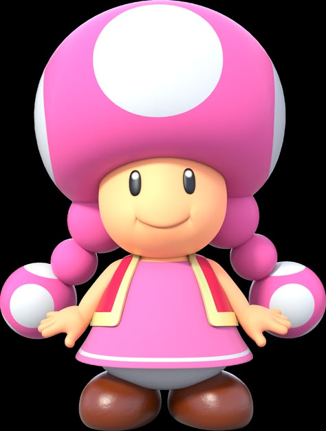 Toadette is a pink-capped Toad from the Super Mario series. She first in appeared Mario Kart: Double Dash!!. Her relation to Toad is unknown. Toadette is a Toad with a pink cap and two pink ponytails with white spots on them. She wears a pink dress, a red vest and brown shoes. Mario Girl, Mario Party 7, Mario Kart Characters, Peach Mario Bros, Super Mario Run, Mario Y Luigi, Mario E Luigi, Mario Run, Peach Mario