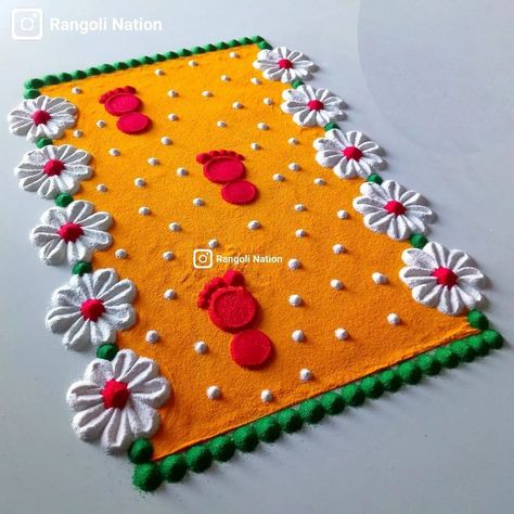 Laxmi Charan Rangoli, Rangoli Designs For Laxmi Puja, Rangoli For Lakshmi Pooja, Laxmi Feet Rangoli, Laxmi Rangoli Designs Diwali, Gauri Rangoli, Laxmi Pooja Rangoli, Laxmi Rangoli, Lakshmi Feet