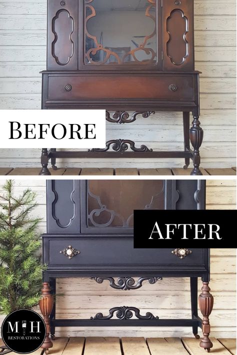 Antique Cabinets Makeover, Jacobean China Cabinet Makeover, Refurbished Antique China Cabinet, China Cabinet With Cane, China Cabinet Makeover Black, Painted Jacobean China Cabinet, Retro Cabinet Makeover, Antique Curio Cabinet Makeover, Painted Antique China Cabinet