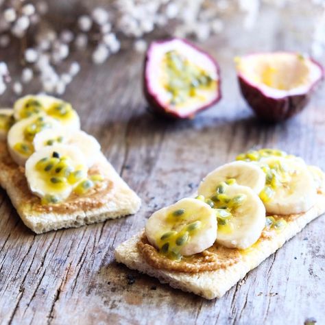 Lunching lighter today on some delicious crispy cruskits light that have 60% less carbohydrates than bread  I topped mine with homemade PB, banana, and passionfruit  SO good! Love changing up my lunch toppings  #sponsoredpost #lunch #cruskits #byebyebread #healthy Cracker Toppings, Passion Fruit, Crackers, Bread, Healthy Recipes, Snacks, Ethnic Recipes, On Instagram, Instagram