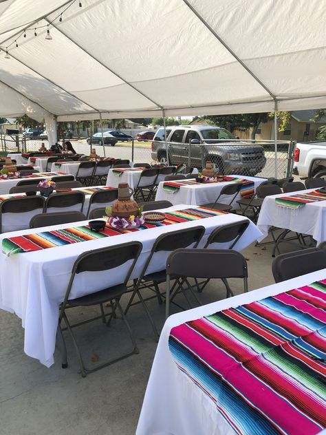 Baptism ~ Mexican Themed ~ Guest Tables Mexican Theme Bautizo, Mexican Baptism Ideas Girl, Baptism Mexican Theme, Mexican Baptism Ideas, Mexican Theme Baby Shower Candy Table, Charro Baptism, Mexican Birthday Parties, Mexican Birthday, Baptism Decorations