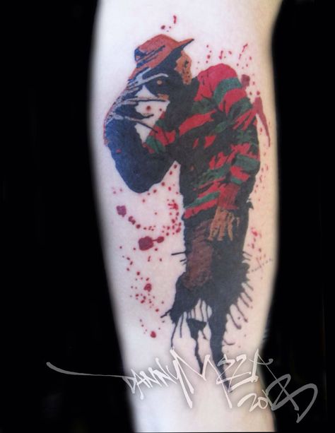 Love this Freddy tattoo! Freddy Tattoo, Freddy Krueger Tattoo, Splatter Tattoo, Nature Tattoo Sleeve, New Tattoo Designs, Horror Stuff, Sketch Tattoo Design, Tattoo Stencil Outline, Horror Tattoo