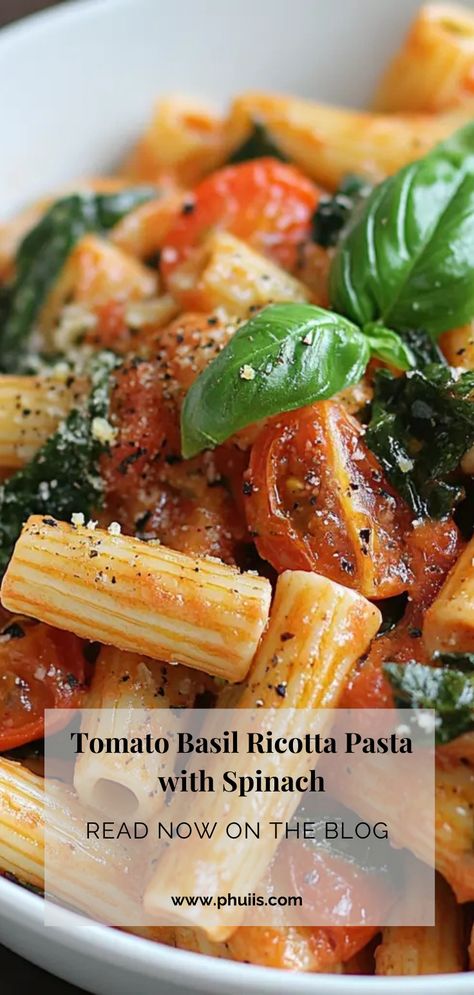 This Tomato Basil Ricotta Pasta with Spinach is a delightful and fresh take on classic pasta dishes. The creamy ricotta, combined with the sweetness of cherry tomatoes and the invigorating flavor of fresh basil, creates a beautifully balanced dish. The addition of spinach not only adds a vibrant pop of color but also boosts the nutritional profile, making this a perfect dinner option for health-conscious foodies and busy families alike. Tomato Basil Spinach Pasta, Spinach Cherry Tomato, Pasta With Cherry Tomatoes, Pasta With Spinach, Cherry Tomato Pasta, Spinach Ricotta, Ricotta Pasta, Festive Dinner, Christmas Recipe