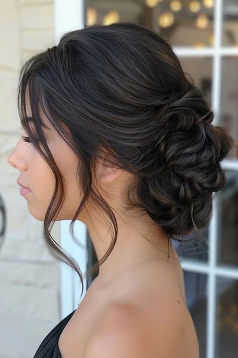 Tousled Bridal Updo, Updos For Special Occasions, Dark Hair Updo Hairstyles, Low Side Bun Wedding Hair Messy Loose Updo, Prom Hairstyles Updos Medium Length, Prom Hairstyles For Short Hair Updo, Bridesmaid Hairstyles Black Hair, Prom Hairstyles Black Hair, Messy Low Bun Wedding