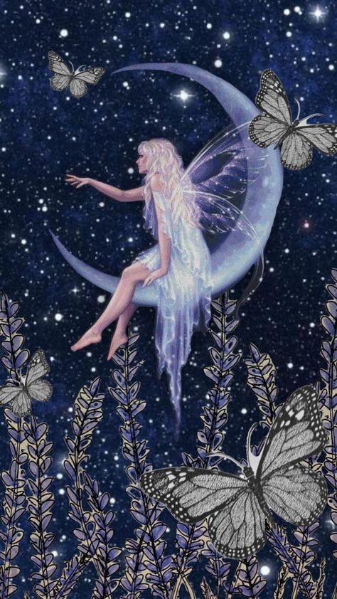 Fairy Aesthetic Wallpaper, Fairy Background, Fantasy Wallpaper, Moon Fairy, Fairy Wallpaper, Witchy Wallpaper, Fairy Aesthetic, Blue Fairy, Moon Painting