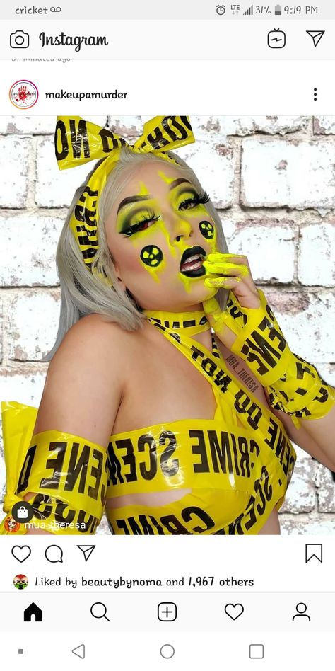 Caution Tape Makeup Look, Caution Tape Halloween Costume, Tape Makeup, Halloween Shoot, Science Camp, Scene Makeup, Caution Tape, Neon Makeup, Makeup Humor