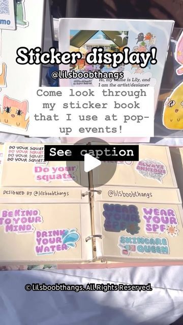 lilsboobthangs on October 8, 2024: "More photos from last Saturday’s pop up event (@lilsboobthangs)! 🌱💕 This is a sticker album display I made using a photo album I got from the thrift store + some card stock paper! I added some info about each sticker. ✨ #stickerdisplay #vendorbooth #vendorbooths #craftbooth #diystickerbook Each sticker is designed by me! 💕". Album Display, Craft Booths, Vendor Booth, Last Saturday, Pop Up Event, Card Stock Paper, Craft Booth, October 8, Booth Display