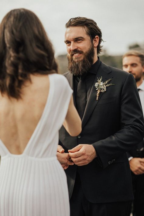 Mens Black Wedding Suits, All Black Tux Groom, Bearded Groom Wedding, All Black Suits For Men Wedding, Groom Black On Black, Black On Black Tuxedo Wedding, All Black Tuxedo For Men Wedding, All Black Suit With Sneakers Men, Black On Black Groom Suit