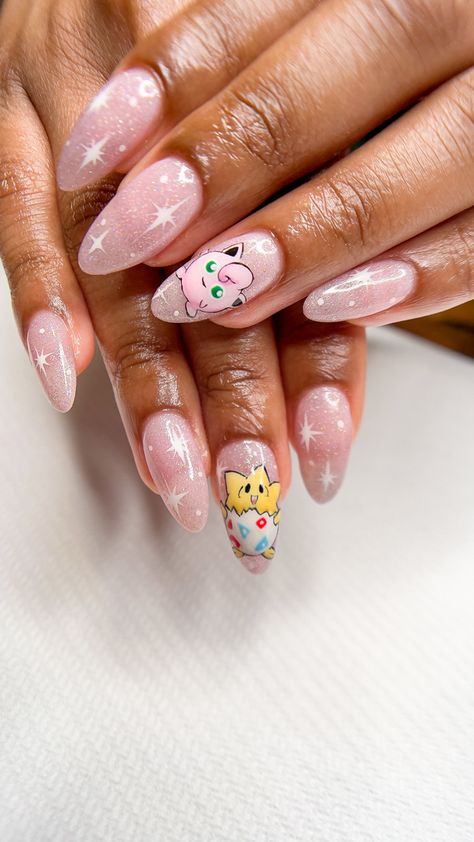 Pokemon Theme Nails, Jiggly Puff Nails, Pokemon Nails Easy, Pink Pokemon Nails, Pikachu Nail Art, Togepi Nails, Pokemon Nails Art, Sylveon Nails, Squirtle Nails