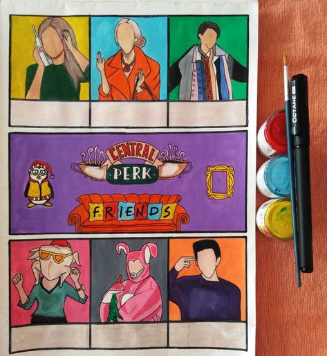 Tv Shows Drawing, Friends Tv Show Painting Ideas, Friends Show Painting, Friends Art Drawing Tv Show, Friends Painting Ideas Tv Show, Friends Show Drawings, Friends Series Painting, Friends Painting Tv Show, Friends Tv Show Painting