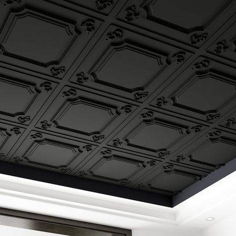 Bedroom Ceiling Tiles, All Black Bedroom Walls And Ceiling, Metal Drop Ceiling Ideas, Utility Room Ceiling Ideas, Art Deco Ceiling Tiles, Office Ceiling Tiles Makeover, Green Wall Black Ceiling, Bar Room Ceiling Design, Modern Victorian Ceiling