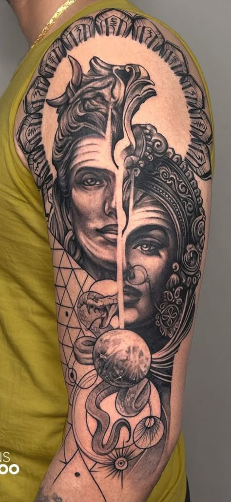 Goddess Shoulder Tattoo, Ardhanarishvara Tattoo, Shiva And Parvati Tattoo, Shiva Parvati Tattoo Design, Shiva Parvati Tattoo, Mahadev Portrait, Shiv Shakti Tattoo, Hindu Tattoos For Women, Parvati Tattoo