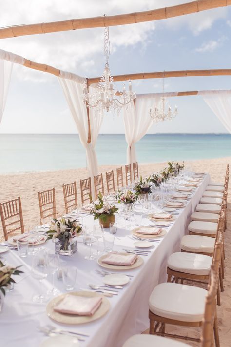 grand cayman beach reception Wedding Reception On Beach, Simple Beach Wedding Reception, White Beach Wedding Reception, Beachfront Wedding Reception, Beach Aisle Runner, Beach Reception, Beach Front Wedding Reception, Intimate Beach Reception, Beach Wedding Colors Schemes