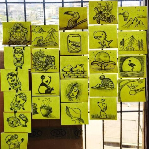 Art On Post It Notes, Wall Of Sticky Notes, Sticky Notes Sketchbook, Cute Things To Draw On Sticky Notes, Doodle On Sticky Notes, Sticky Note Painting, Painting On Sticky Notes, Drawing On Post It Notes, Drawing With Post It