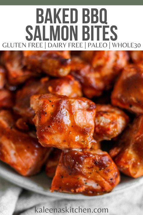 These baked BBQ salmon bites are incredibly easy and only require two ingredients. They are perfect for a quick dinner or an appetizer for a fun together with family and friends. Baked Bbq Salmon, Baked Salmon Bites, Bbq Salmon, Salmon Bites, Gluten Free Recipes Easy, Recipe Boards, Baked Salmon, Quick Dinner, Easy Baking