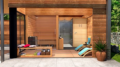 pool house with fireplace and sauna on Behance Pool House With Sauna, Pool Cabana With Bathroom, Pool House With Fireplace, House With Fireplace, Backyard Sauna, Small Pool House, Pool House Bathroom, Pool Guest House, Island Farmhouse