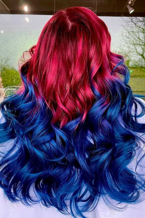 Red And Blue Hair, Purple And Blue Hair, Blue And Red Hair, Two Color Hair, Light Purple Hair, Cute Hair Colors, Hair Color Purple, Pretty Hair Color, Hair Color Blue