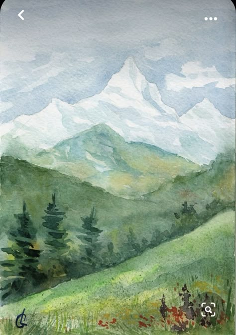 Drawing Landscapes Watercolors, Mountain Paintings Watercolor, Mountain Drawing Landscapes, Watercolour Art Ideas Landscape, Watercolor Art Mountains Landscapes, Water Coloring Ideas Landscape, Mountain Drawing Watercolor, How To Paint Watercolor Mountains, Landscape Water Painting