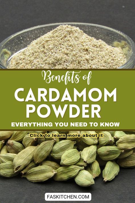 A small glass jar filled with golden-brown cardamom powder sits on a wooden kitchen counter. The jar is open, revealing the finely ground spice inside. Nearby, a few whole cardamom pods are scattered, showcasing the source of the powder. The warm, rich color of the powder contrasts with the natural green of the cardamom pods, highlighting its fresh and aromatic quality. Cardamom Pods How To Use, Recipes Using Ground Cardamom, Cardamom Recipes Savory, Benefits Of Cardamom, Cardamom Recipes, Cardamom Benefits, Cardamom Plant, Cardamom Recipe, Cardamom Pods