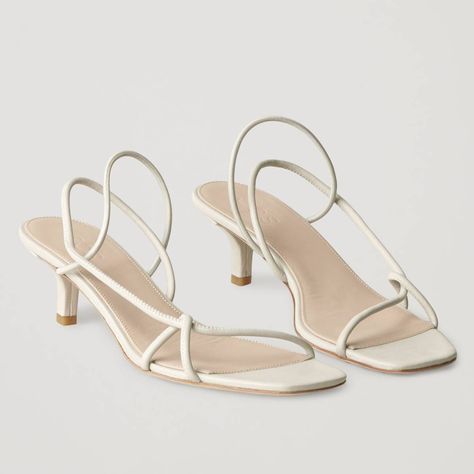 Strappy Sandals Aesthetic, Strappy White Sandals, White Strappy Kitten Heels, White Kitten Heels Wedding Shoes, Cute Kitten Heels, White Heel Sandals, Strappy Sandals Outfit, Kitten Sandals, White Kitten Heels