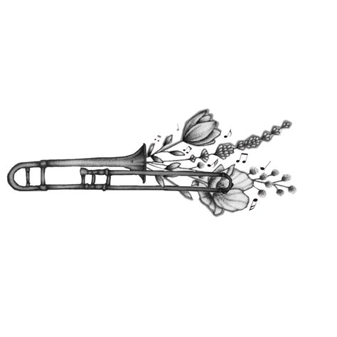 Trumpet With Flowers Tattoo, Euphonium Tattoo, Trombone Tattoo Ideas, Trombone Wallpaper, Trombone Tattoo, Trombone Drawing, Trombone Aesthetic, Myth Tattoo, Trombone Art