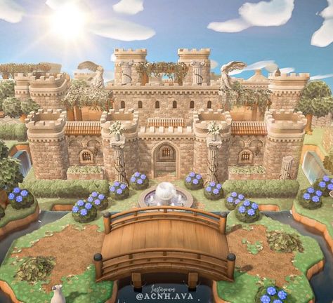 Acnh Castle Designs, Castle Animal Crossing, Acnh Elegantcore, Acnh Castle, Acnh Entrance, Castle Exterior, Castle Ideas, Acnh Cottagecore, Castle Decor