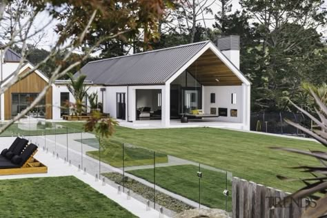 White plaster is contrasted with Western red cedar backyard, cottage, facade, farmhouse, home, house, property, real estate, siding, yard Contemporary Mansion, Home Designs Exterior, Modern Barn House, Casa Exterior, Barn Style House, Modern Barn, Farmhouse Exterior, Lake Home, House Extensions