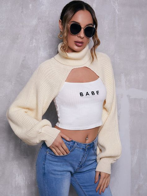 Turtle Neck Lantern Sleeve Super Crop Sweater | SHEIN USA Super Cropped Sweater Outfit, Sweater Crop Top Outfit, Turtle Neck Sweater Outfit, Neck Sweater Outfit, Cropped Sweater Outfit, Super Cropped Sweater, Turtleneck Sweater Outfit, Sporty Street Style, Turtleneck Outfit