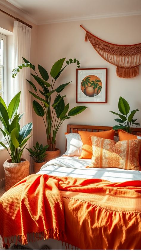 Cozy bedroom with vibrant orange bedding, lush green plants, and natural light from a window. Bedroom With White Carpet, Orange Apartment Aesthetic, Orange Boho Bedroom, Orange Curtains Bedroom, Dark Teal Bedroom Ideas, Orange Drapes, Comfortable Reading Nook, Academia Bedroom, Bedroom Eclectic