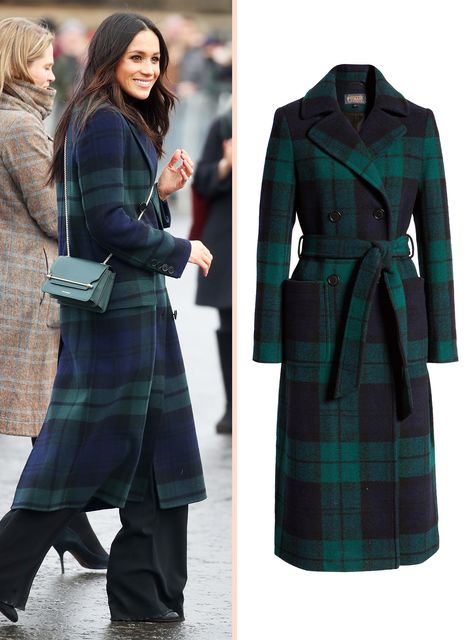 Duchess on a Budget: 13 Perfect (and Affordable!) Matches to Meghan Markle’s Best Power Coats Coat Length Guide, Tartan Plaid Outfit Women, Meghan Markle Winter Style, Plaid Coats For Women, Blue Coat Outfits For Women, Chic Winter Wool Cape Coat, Megan Markle Coat, Blue Coat, Winter Wool Long Cape Coat