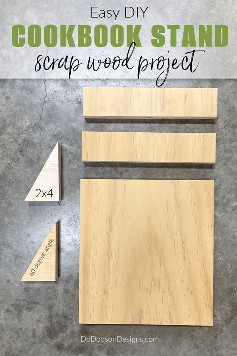 Learn how to build this Easy DIY cookbook stand using scrap pieces of wood—modern farmhouse decor. Wooden Cookbook Holder Diy, Simple Carpentry Projects, Cookbook Holder Diy, Cookbook Stand Diy, Diy Cookbook Stand, Wooden Cookbook Stand, Recipe Book Holder, Scrap Wood Project, Making A Cookbook