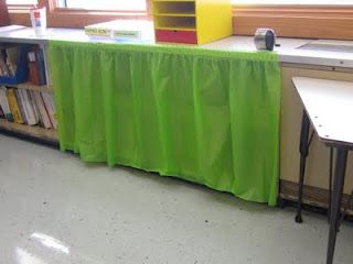 Awesome idea!  This teacher purchased a plastic table skirt at a party store (which comes with adhesive tape) that she used to cover up the books on her shelf. Cover Shelves, Classroom Curtains, Classroom Shelves, Shelf Cover, Classroom Storage, Plastic Table, Diy Classroom, Party Store, At A Party