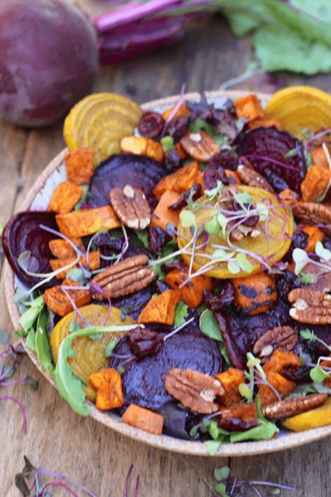 Roasted Root Vegetable Salad Recipe.Roast the veggies in advance and serve it room temperature the next day, or enjoy this dish right out of the oven for a seasonal meal that will make you feel rooted and grounded with every bite! #rootvegetables #salad #roastedvegetables #healthysalad #elisemuseles The Roasted Root Recipes, Roasted Root Salad, Root Veggie Salad, Root Vegetable Salad Recipes, Root Vegetable Recipes Soup, Roasted Vegetable Salad Recipes, Root Salad Recipes, Holiday Lemonade, Roasted Vegetables Salad