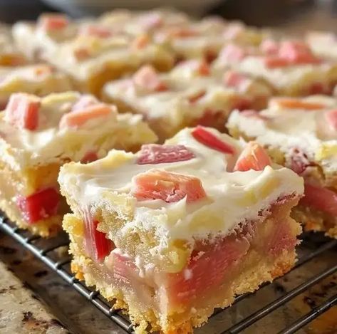 Rhubarb Custard Bars – Naomi's Recipes Rhubarb Cheesecake Bars Recipes, Rhubarb Custard Bars Taste Of Home, Amish Rhubarb Dream Bars, Rhubarb Custard Cake, Rhubarb Squares, Rhubarb Custard Bars, Sock It To Me Cake, Custard Bars, Easy Rhubarb Recipes