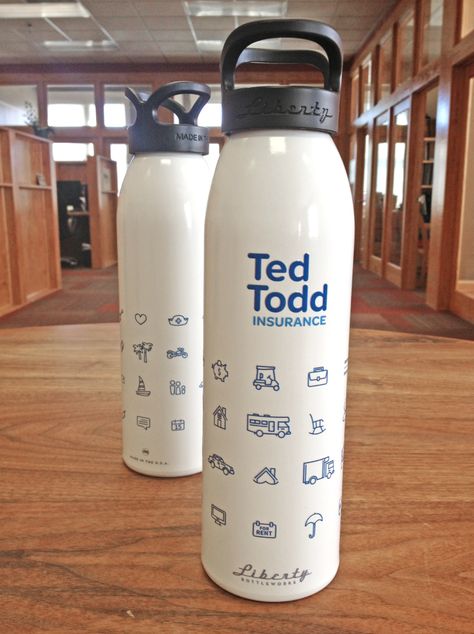 Giant water bottle with icons for Ted Todd Insurance Tumbler Design Ideas, Giant Water Bottle, Branded Merch, Water Bottle Brands, Insurance Marketing, Fashion Merchandising, Premium Product, Water Bottle Design, Business Gift