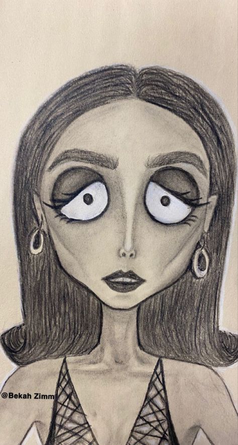 Tim Burton Type Drawings, Emma Chamberlain Sketch, Tim Burton Style Portraits, Tim Burton Eyes Drawing, Tim Burton Art Drawings, How To Draw Tim Burton Style, Tim Burton Art Style Tutorial, Tim Burton Inspired Drawings, Tim Burton Drawings Sketches