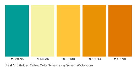 Download Teal and Golden Yellow color scheme consisting of #009c95, #f6f3a6, #ffc438, #e99204 and #df7701. This 5 colors palette has been categorised in Cream, Orange, Teal and Yellow color categories. Yellow Orange Teal Colour Palettes, Teal And Yellow Palette, Golden Yellow Color Palette, Playroom Colors, Fall Paint Colors, Aqua Color Schemes, Color Categories, 70s Room, Yellow Color Scheme