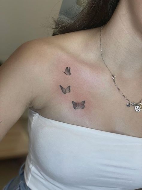 Small Scar Tattoo Ideas, Butterfly Tattoo Scar Cover, Butterflies On Chest Tattoo, Butterfly On Chest Tattoo, Chest Tattoo Female Upper Shoulder, Butterfly Tattoo Chest Woman, Small Tattoo On Chest, Chest Tattoo Female Upper Cover Up, Chest Tattoo Female Butterfly