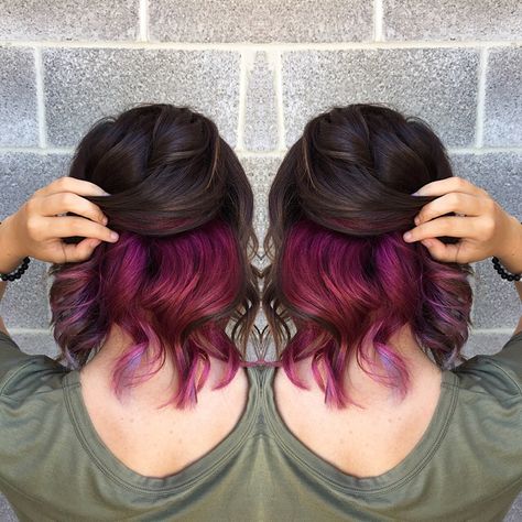 Purple Underdye Hair, Undercolor Hair, Underdye Hair, Kids Hair Color, Hidden Hair Color, Peekaboo Hair Colors, Underlights Hair, Peekaboo Hair, Jaimie Alexander