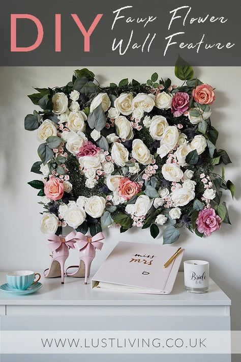 DIY Flower Wall Feature with Faux Flowers. Roses wall. Perfect for weddings, parties or as a feature home decor piece. Lavender Flower Wall, Faux Flowers Decor, Faux Flower Wall, Flower Wall Decor Diy, Bnb Ideas, Diy Flower Wall, Floral Crafts, Faux Flower Bouquets, Roses Wall