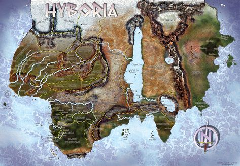 A large Hyborian map made by Chrysagon, who writes "I've worked this out with a basis made with Bryce and completed in Photoshop. I used Illustrator for labelling and such, then came back in Photoshop for final tuning. The Hyboria title and the north dagger were made in 3d Studio Max". World Building Writing, Fantasy World Maps, Fictional Maps, Hyborian Age, Pulp Adventure, Lovecraft Cthulhu, Conan Exiles, Rpg World, Robert E Howard