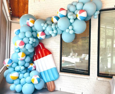 Pool Theme 1st Birthday, Pool Themed First Birthday Party, Pool Party Balloon Backdrop, Two Cool Summer Birthday Party, Two Cool Birthday Party Boy Popsicles, Kids Summer Birthday Party Ideas, Summer Balloon Decor, Beach Ball Balloon Garland, Popsicle Balloon Arch