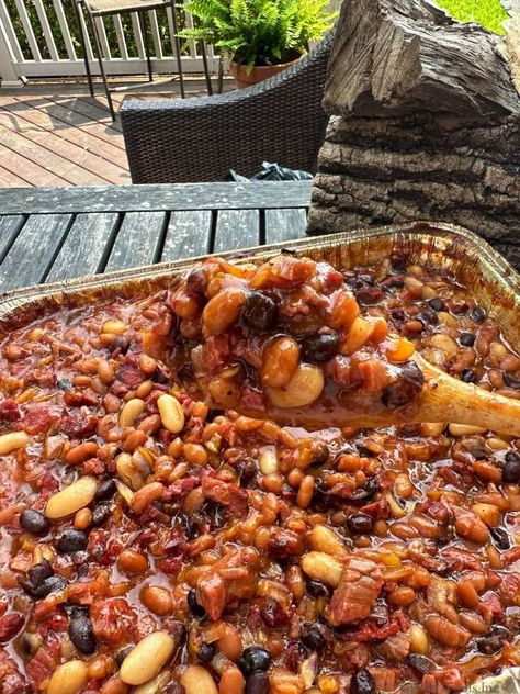 Smoked Baked Beans | GrillinFools Smoked Beans, Smoked Baked Beans, Man Recipes, Homemade Baked Beans, Savory Sides, Kinds Of Beans, Easy Grilling Recipes, Offset Smoker, Smoked Food