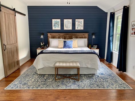 Shiplap in master bedroom. Paint color is Benjamin Moore Hale Navy. Master Bedrooms With Accent Wall, Navy Blue Bedroom Walls, Navy Accent Wall, Wall Shiplap, Bedroom Feature Wall, Shiplap Bedroom, Feature Wall Bedroom, Shiplap Walls, Blue Accent Walls