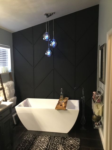 Black Wall Paneling Bathroom, Diy Black Accent Wall Bedroom, Textured Walls Black, Black Herringbone Accent Wall, Black Walls House, Black Shiplap Bathroom Accent Wall, Black Painted Walls Bathroom, Black Accent Wall Farmhouse, Modern Accent Wall Bathroom