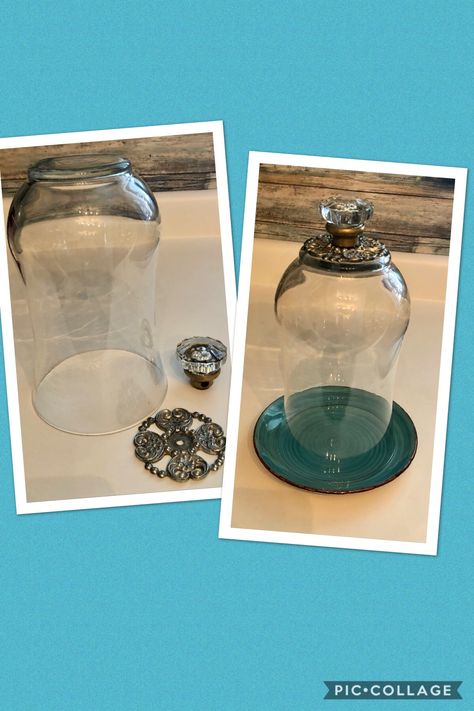 Dollar Store Cloche, Diy Glass Cloche, Cloche Diy How To Make, Cloche Display Ideas, Large Cloche Decor Ideas, Cloche Dome Ideas, Vintage Jars Decoration, Old Plates Repurpose, Diy Cloche Ideas