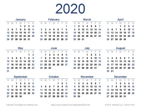 Download and print a free 2020 Calendar   (pdf) from Vertex42.com. This page contains multiple design options. #calendar #2020calendar Yearly Calendar Template, Printable Yearly Calendar, Excel Calendar Template, Free Printable Calendar Templates, 2020 Calendar Template, Printable Calendar 2020, Schedule Calendar, Free Calendar Template, Blank Calendar Template