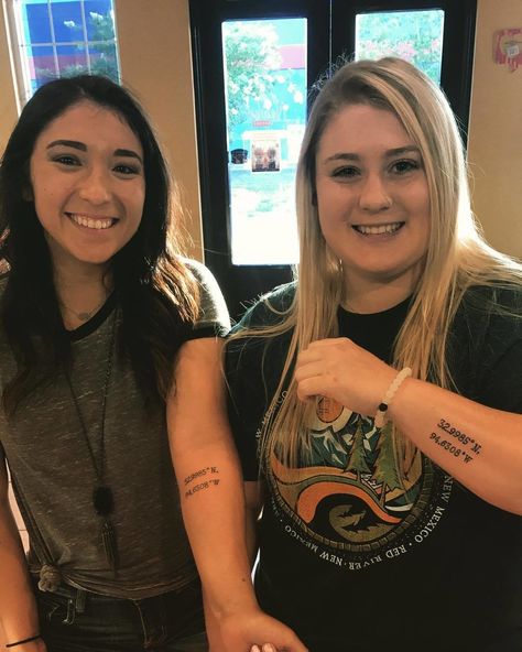 Distance Best Friend Tattoos, Thelma And Louise Tattoo Friends Bff, Best Friend Tattoos For Women, Distance Tattoos, Best Friends Distance, Twin Ideas, Neat Tattoos, Sloth Tattoo, Coordinates Tattoo